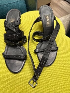 Vaneli Black Leather Eyelet Strap Sandals